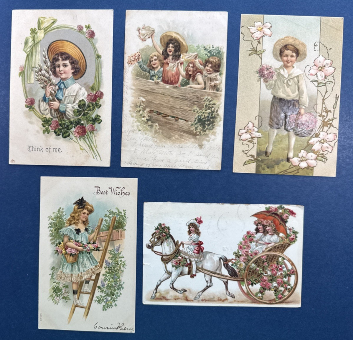 5 Nice Children Greetings Antique Postcards. Drawn. EMB, Gold. Flowers. 1906-08
