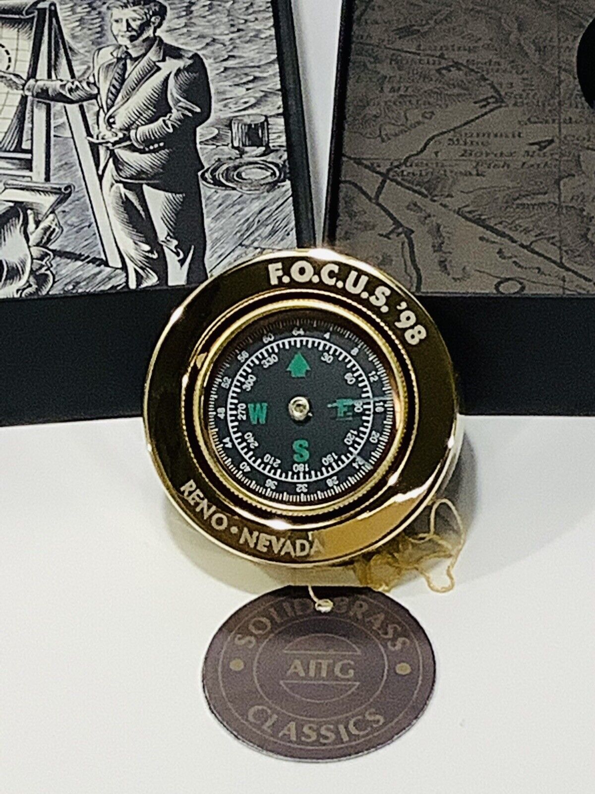 NOS AITG Classics Solid Brass COMPASS Paperweight With Box. Focus 98”Reno