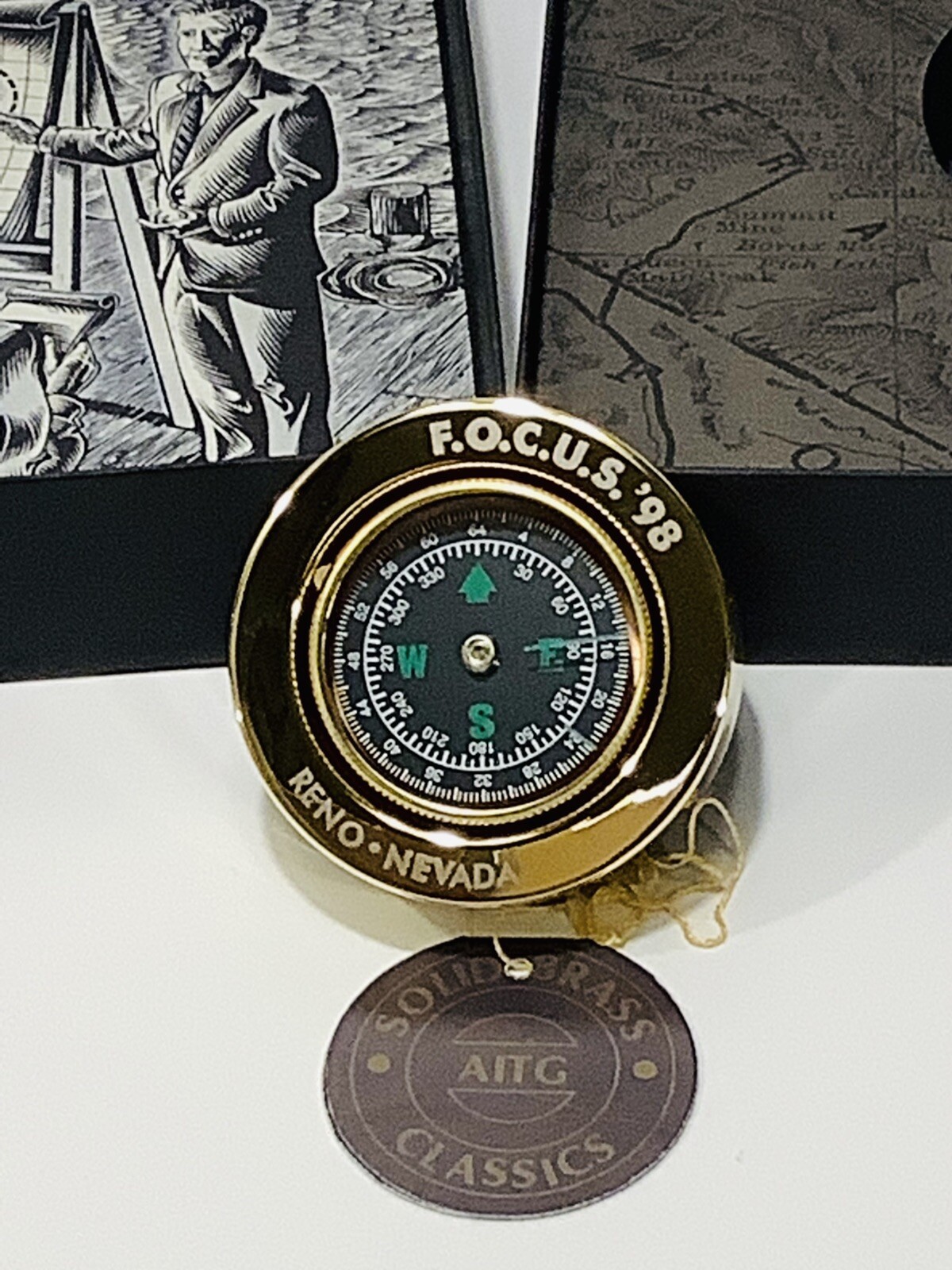 NOS Solid Brass COMPASS Paperweight With Box. AITG Classics Focus 98”Reno