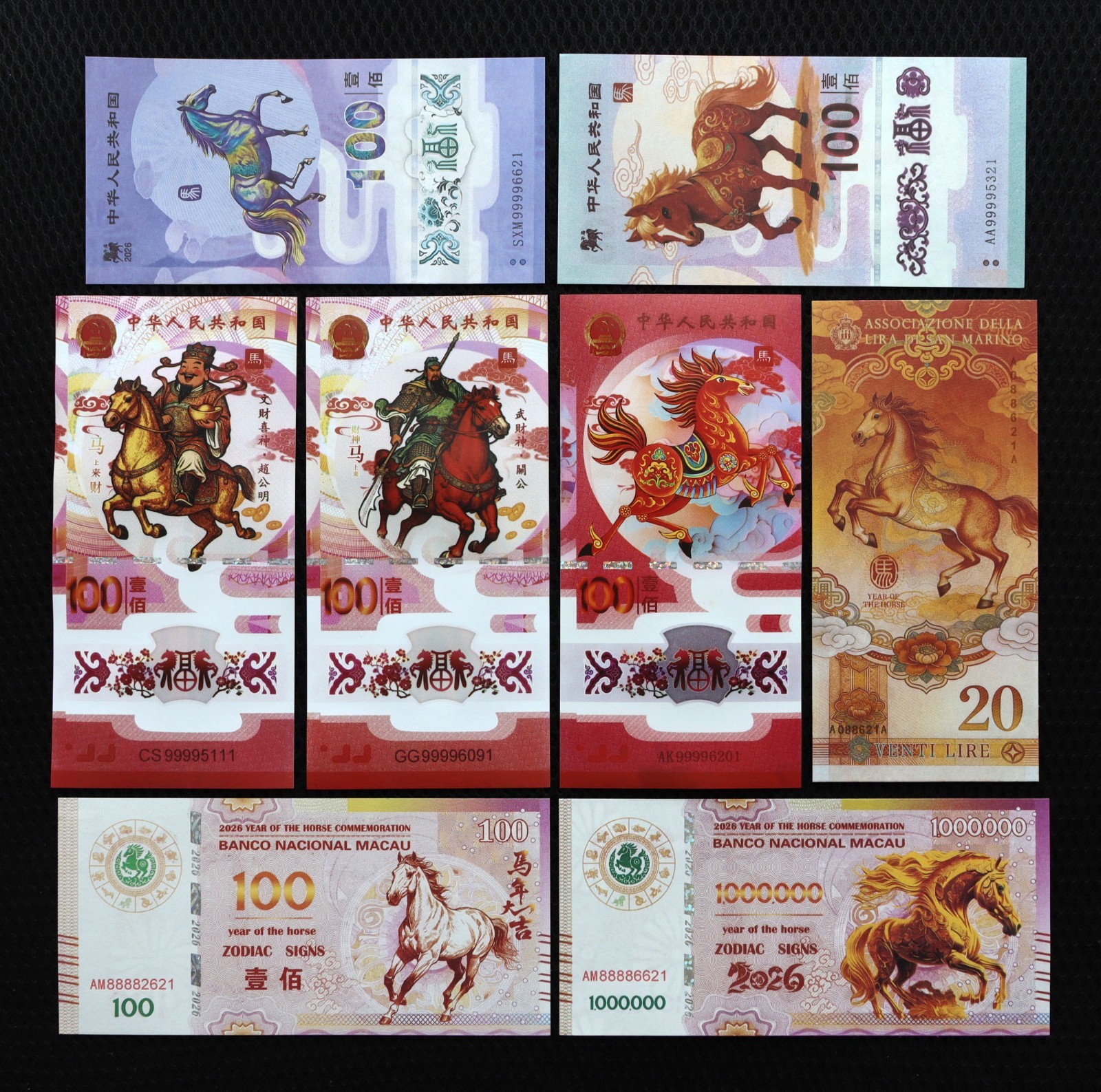 8Pcs China Zodiac Horse 2026, Commemorative Banknote, Collection, UNC