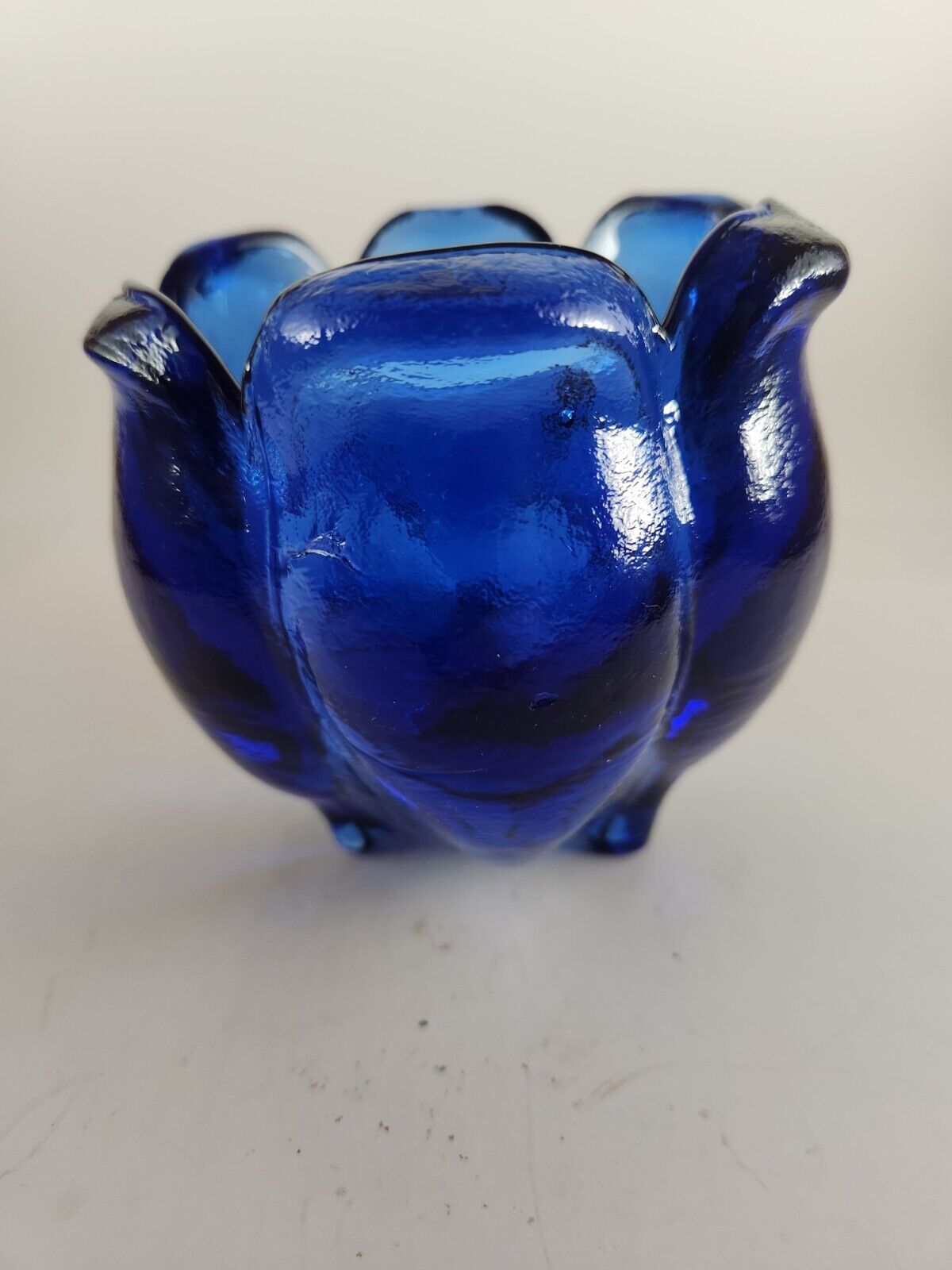 Vintage Recycled Glass Cobalt Blue Six Petal Footed Bowl, Candle Votive Holder