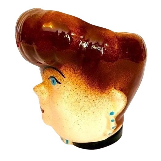 Vintage Ceramic Head Vase Mid Century Lady Brown Bouffant Hair 4.375in MCM 50s