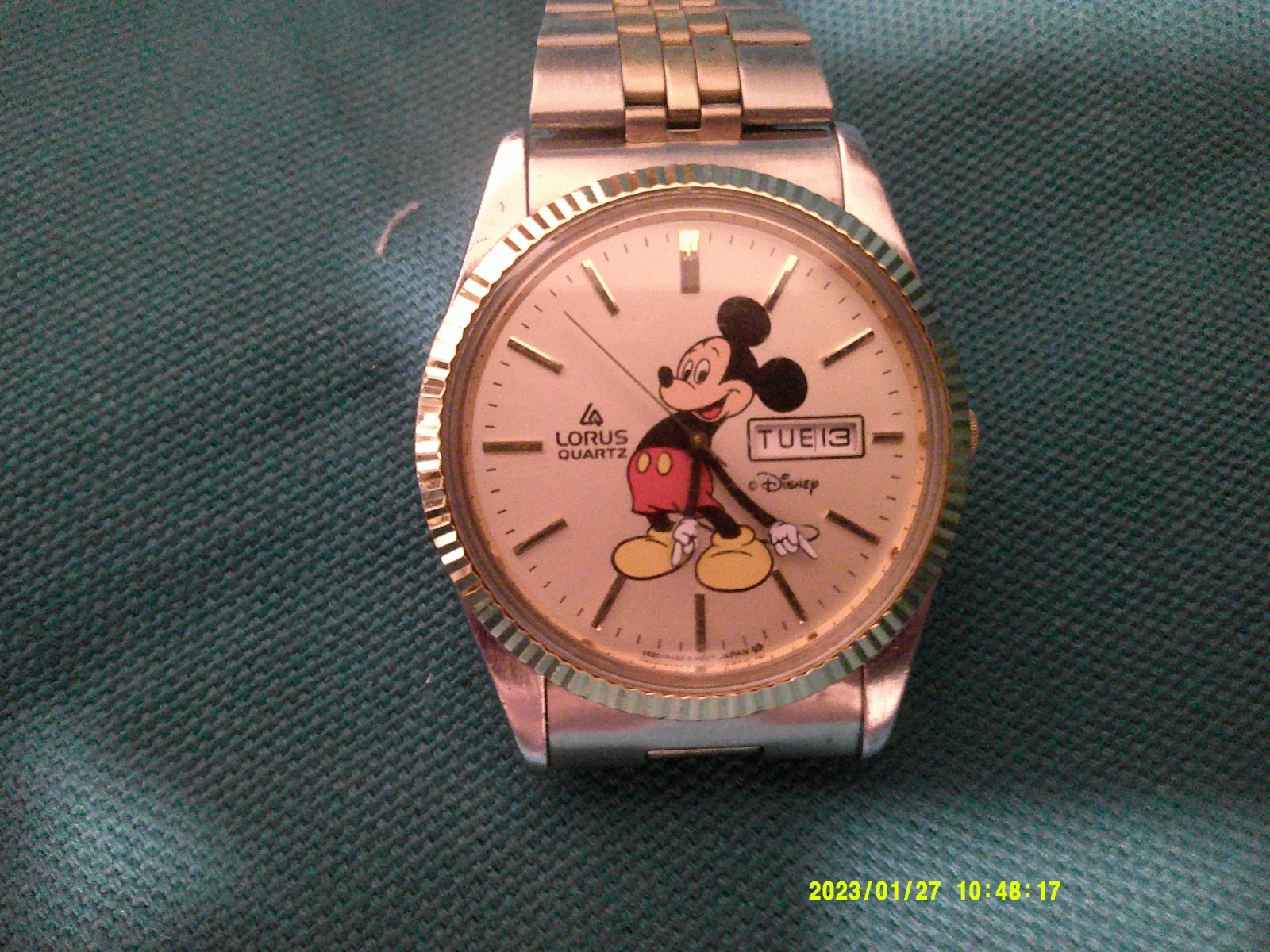 Disney Mans Lorus  Silver and Gold Tone Mickey Mouse Watch Day & Date V533-8A10