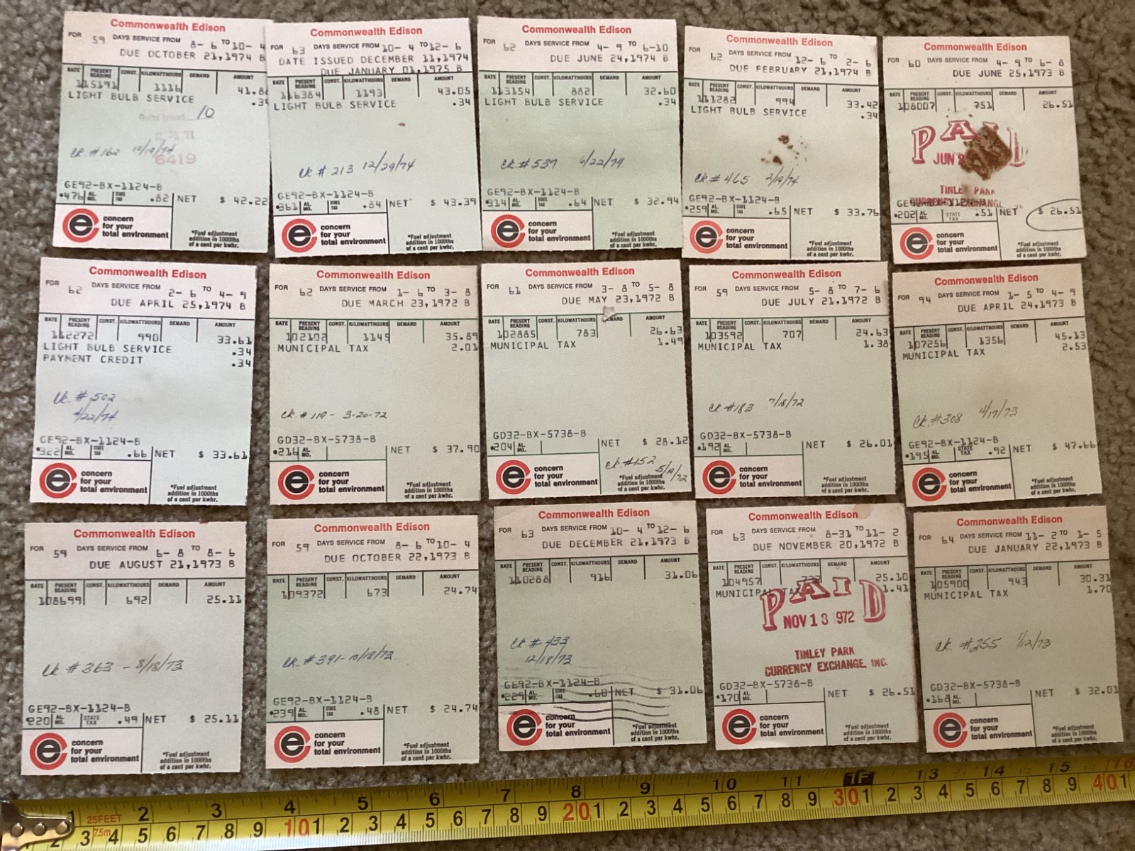 15 Early 1970s Commonwealth Edison Utility Bill Receipt Stubs Vintage Chicago
