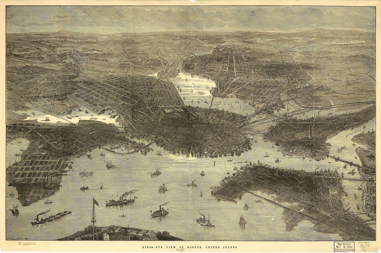 Boston Bird's Eye View 1870 Vintage Map Glossy Photo Reprint Wall Art