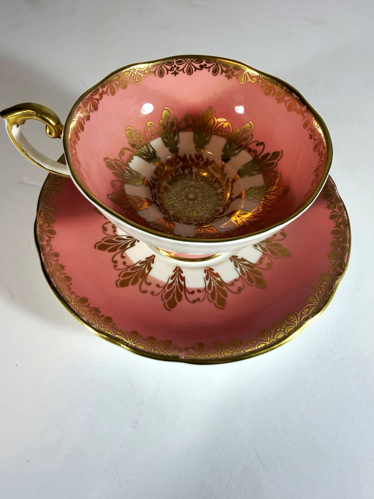 VTG Ansley England Bone China Painted Floral Pink White Gold Tea Cup & Saucer
