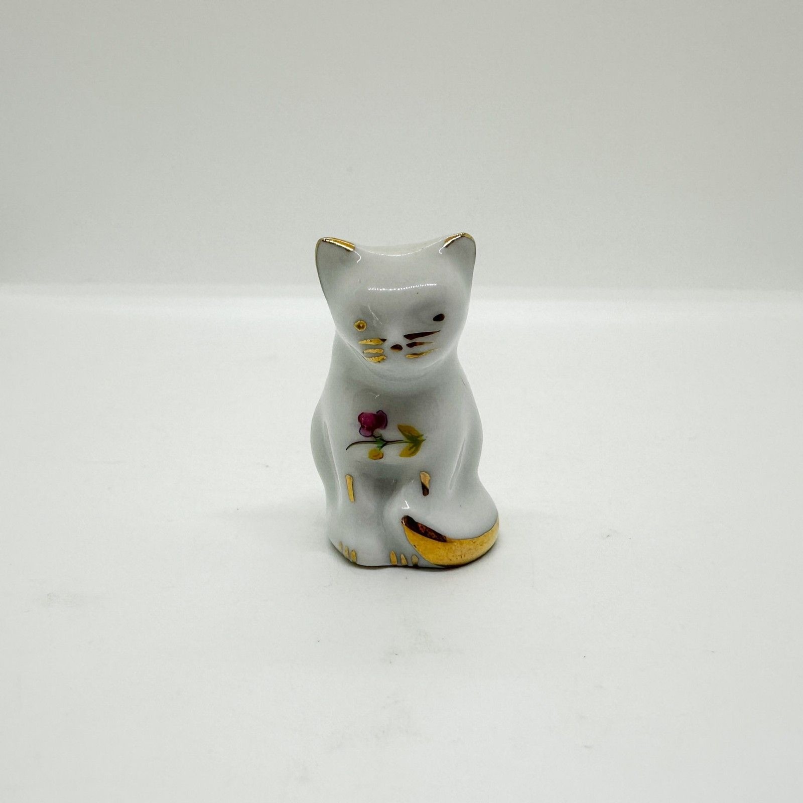 Vintage Porcelain Limoges Cat Floral 24K Gold Trinket