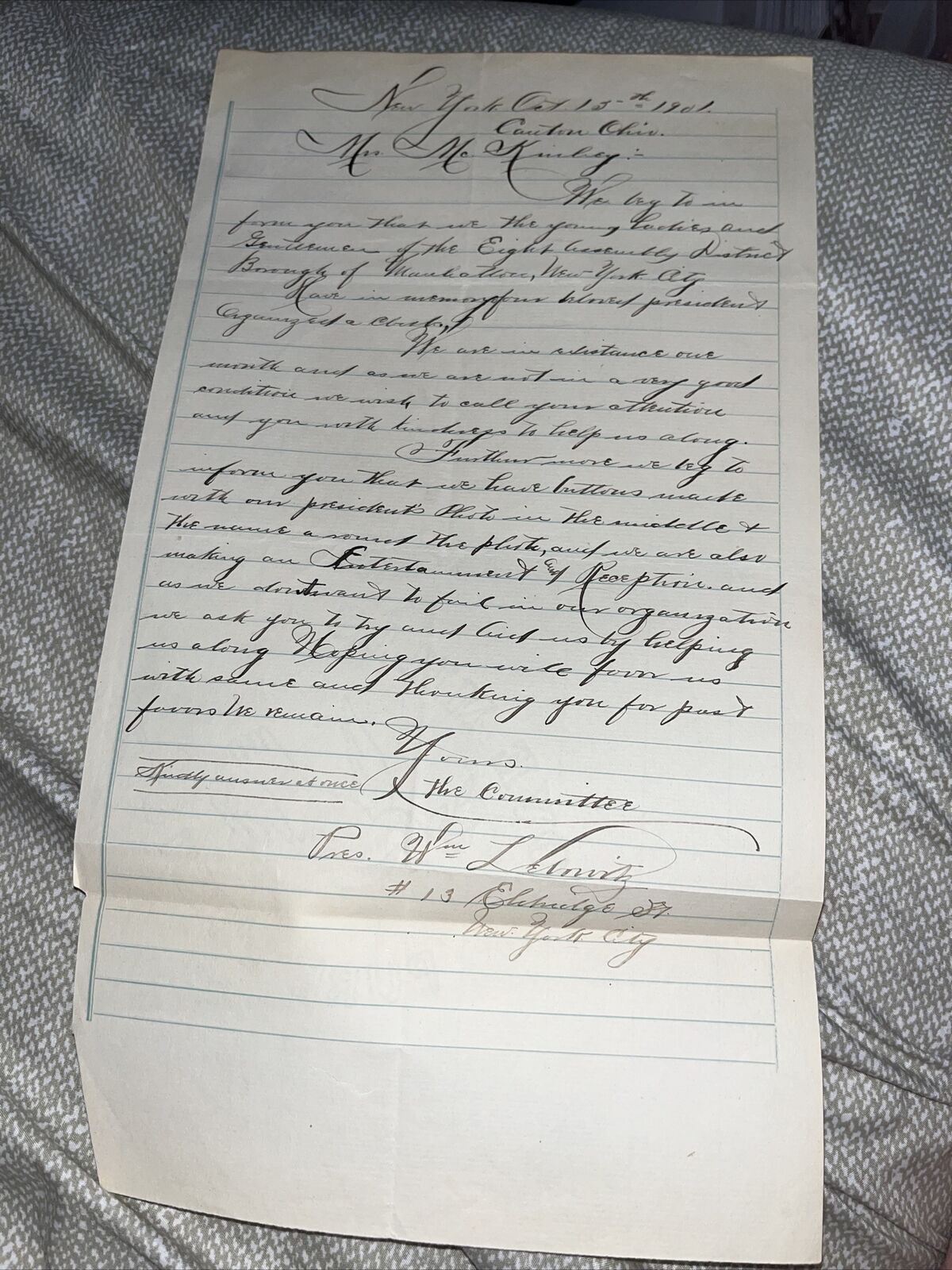 Antique Manhattan 8th Assembly Dist NY Letter: President McKinley Assassination