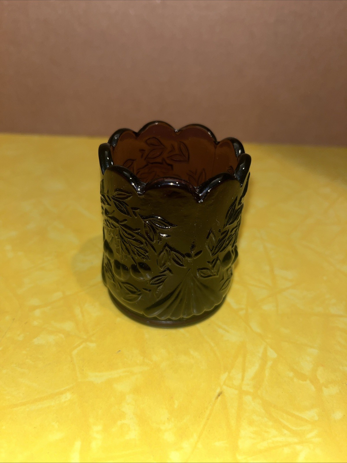 L.G. Wright PURPLE AMETHYST Glass WREATH & CHERRY Pattern TOOTHPICK HOLDER