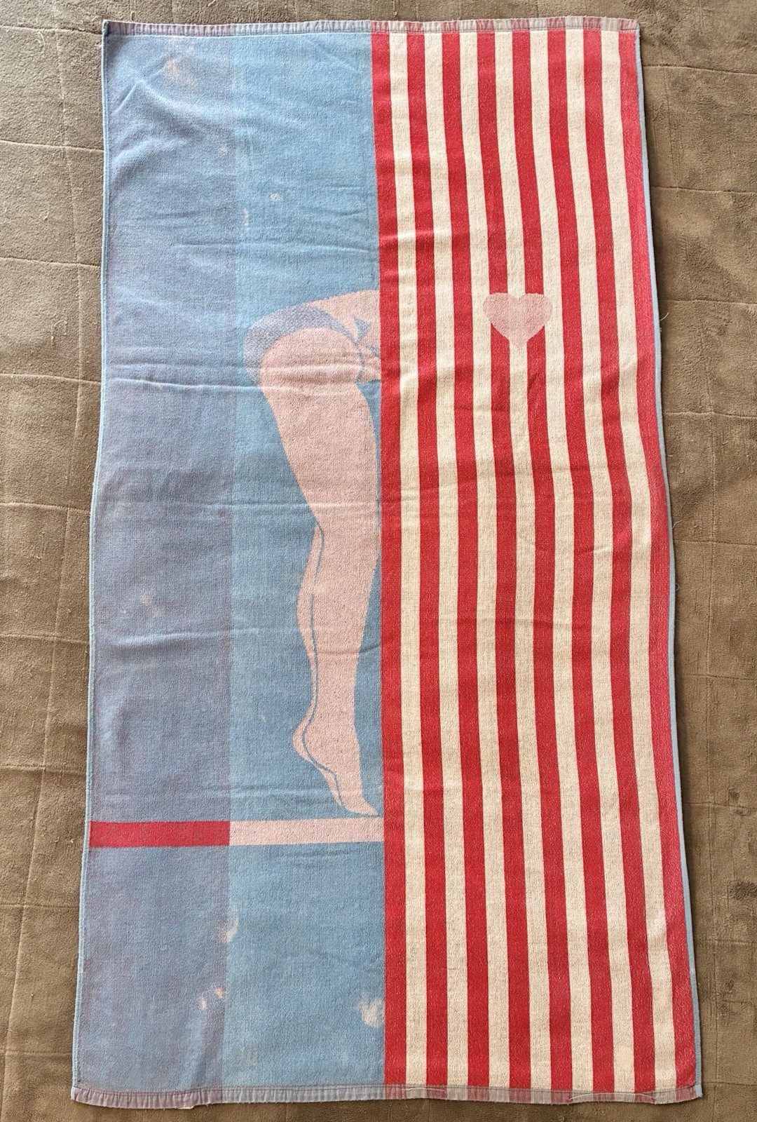 VTG Ipanema Cecil Saydah Pool Beach Towel Red White Blue Heart Stripes *READ*