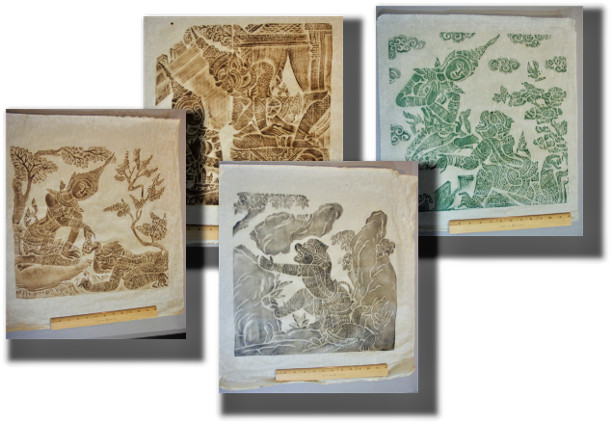 Set 4 Thai Temple rubbings Mulberry Paper- 1960s Pre-ban Rich Color & Shades