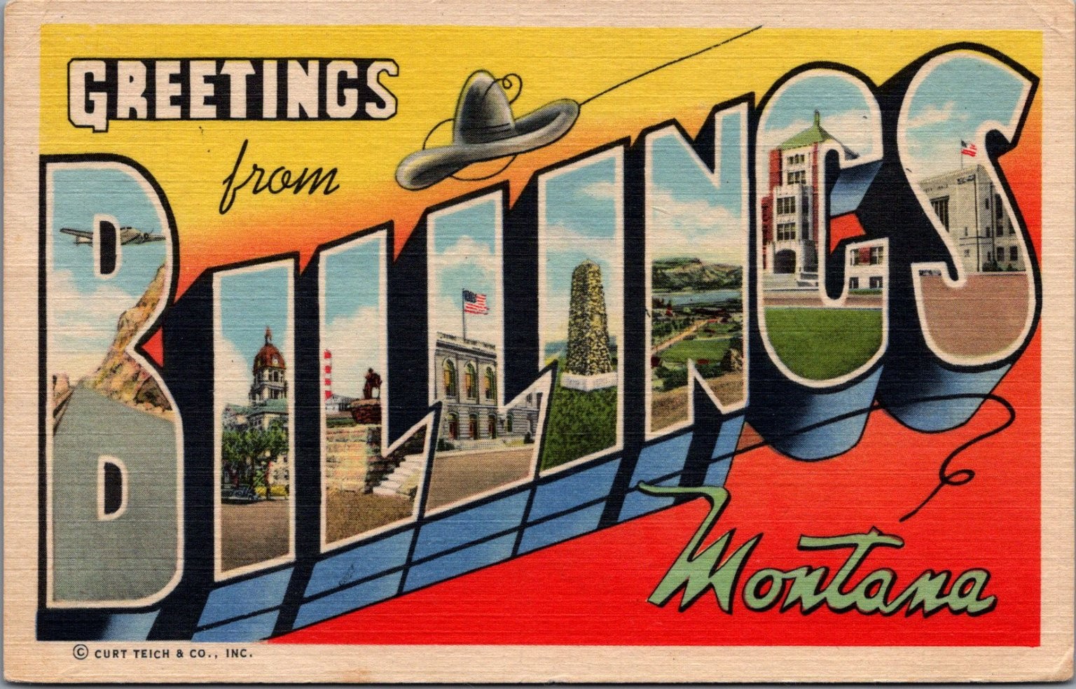 Greetings from Billings Montana Linen Postcard Curt Teich 1940s Yellowstone
