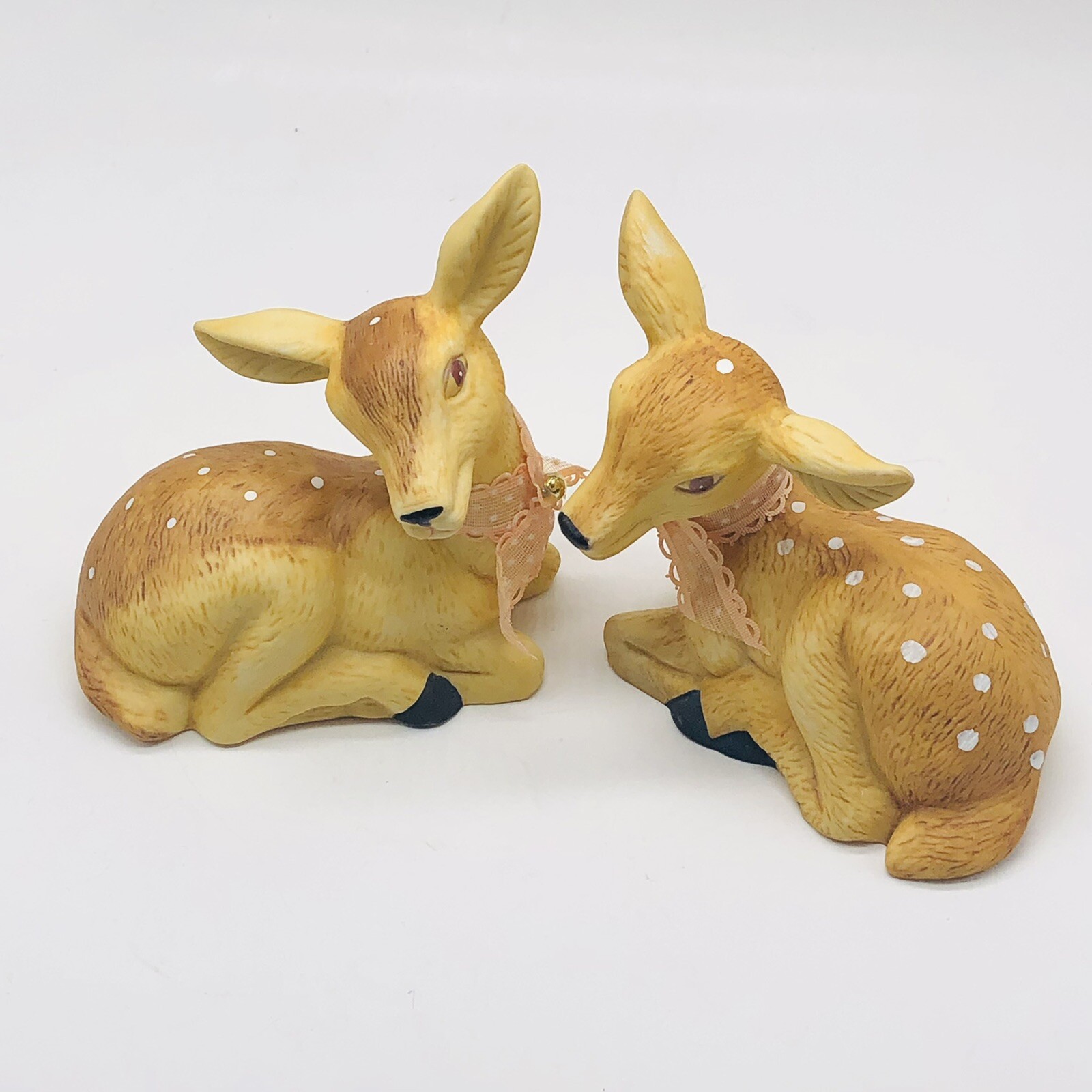 Deer Fawn Laying Down Spotted Porcelain Figurine Set of 2 Porcelain Peach Ribbon
