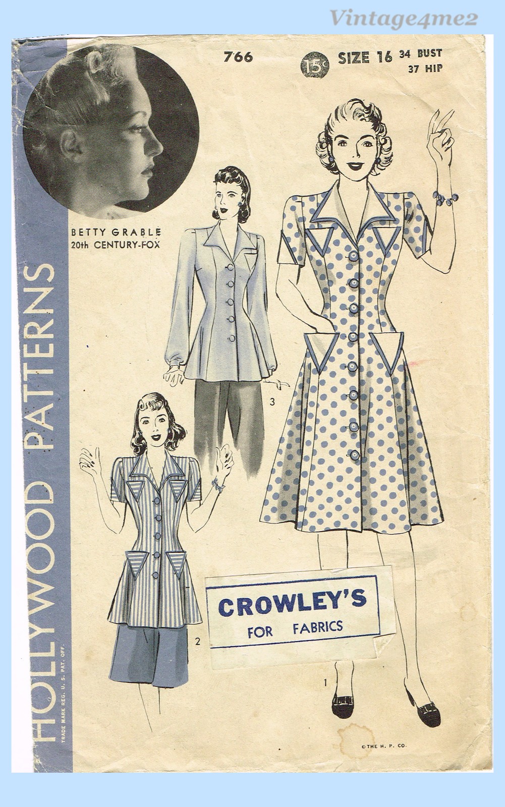 Hollywood Starlet 766: 1940s Uncut Betty Grable Dress 34B Vintage Sewing Pattern