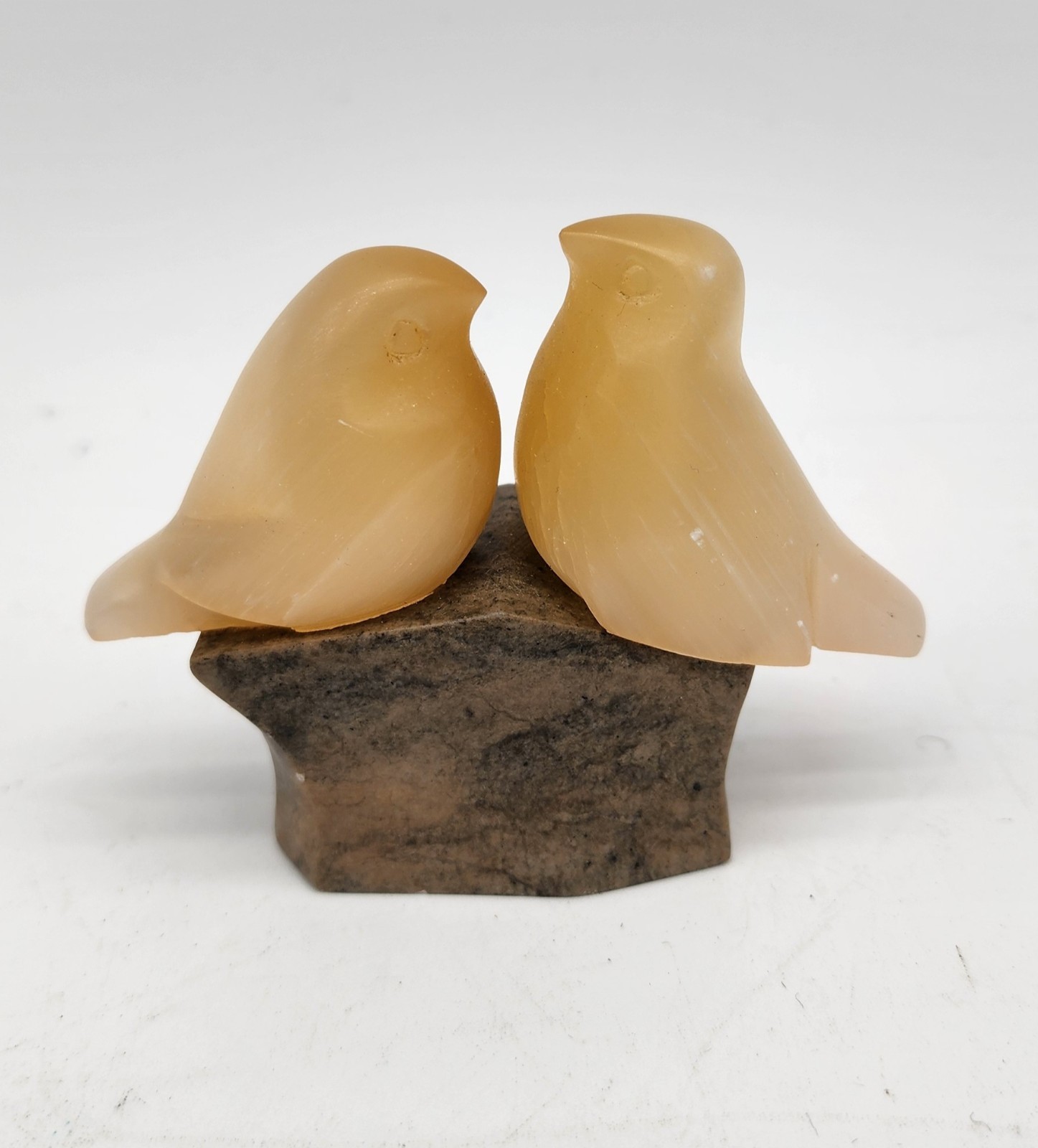 Vintage Carved Selenite Satin Spar Gypsum Lovebirds Figurine Stone Paper Weight
