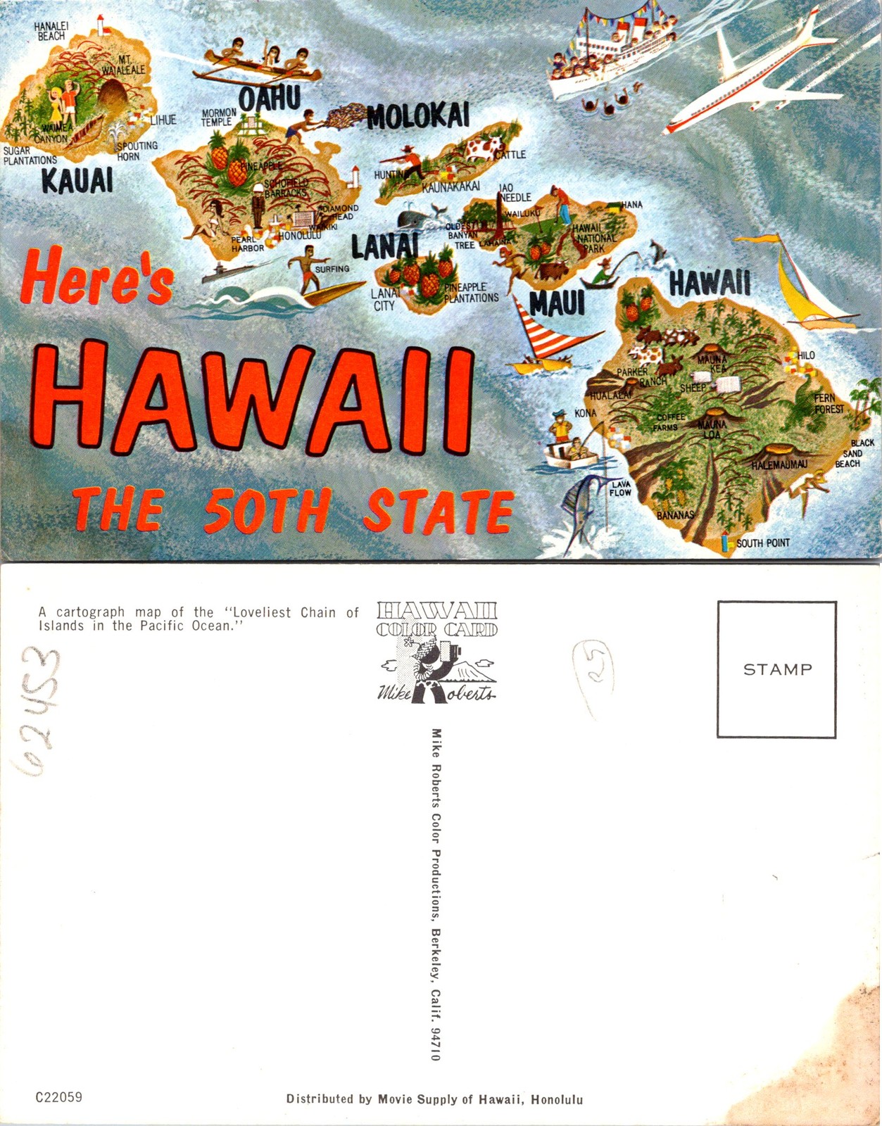 Hawaii HI 50th State Oahu Map Chain Of Islands Postcard 62453