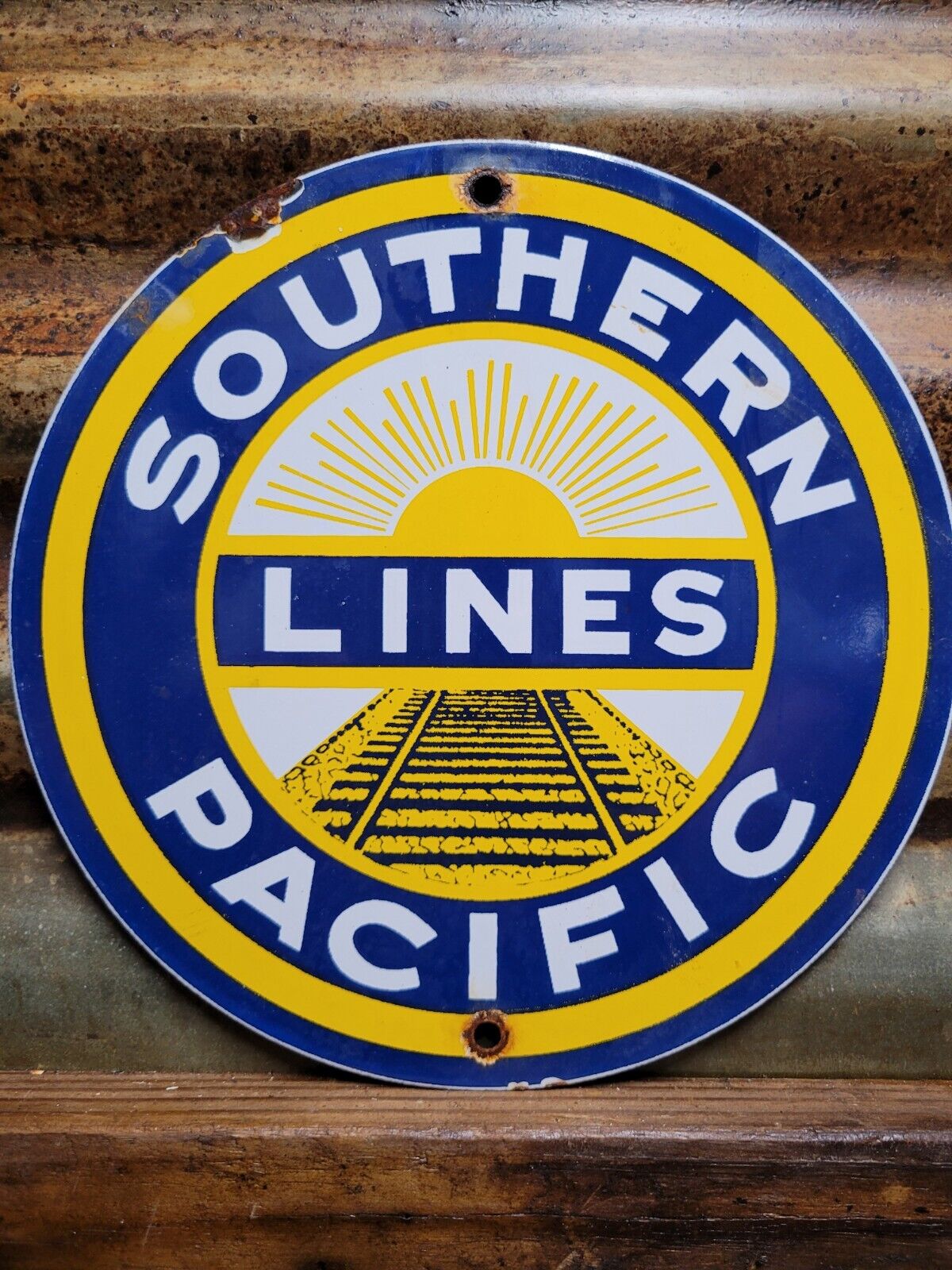 VINTAGE SOUTHERN PACIFIC LINE PORCELAIN SIGN RAILROAD TRAIN STATION RAILWAY SIGN