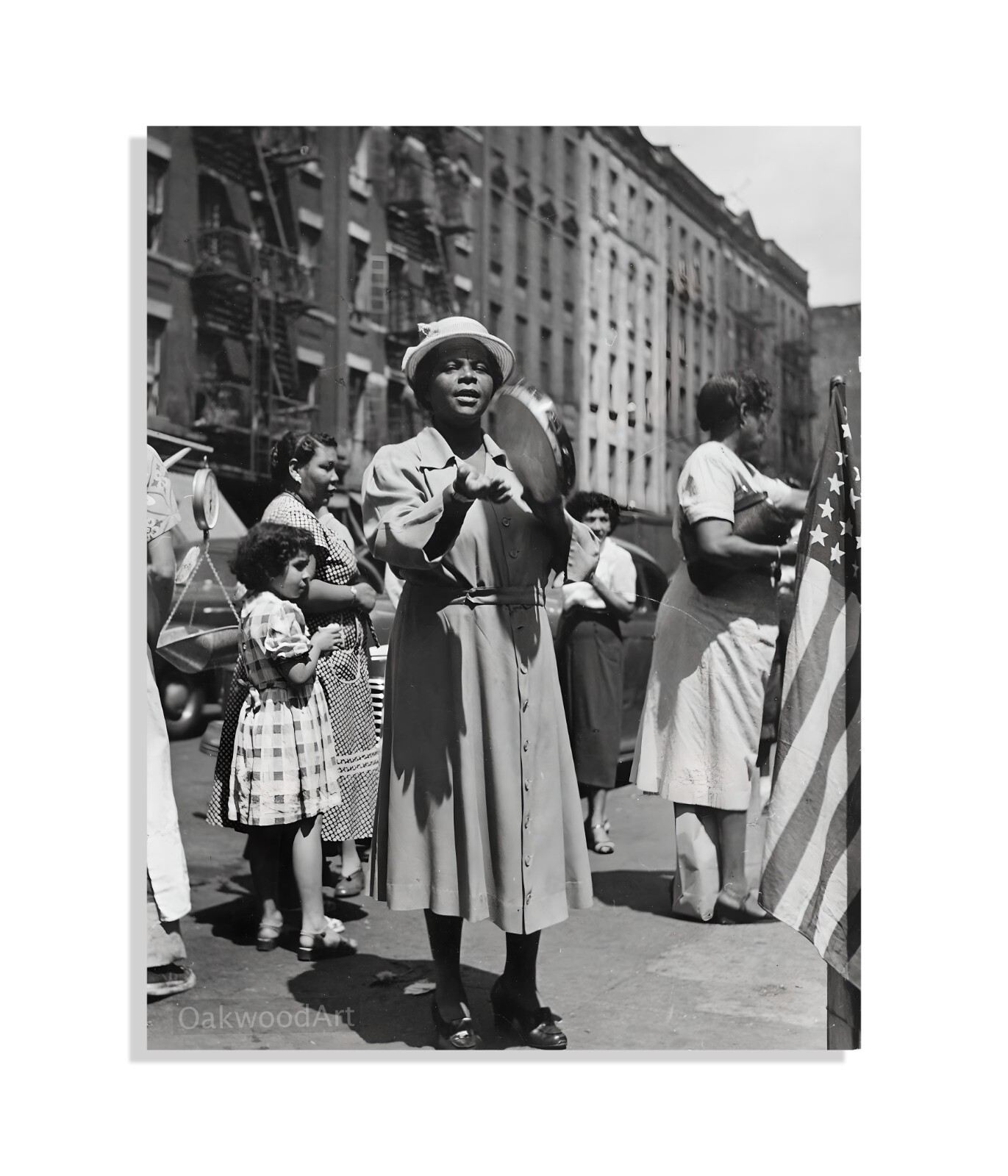 1950 Black Woman Playing a Tambourine in East Harlem, Vintage Photo Reprint