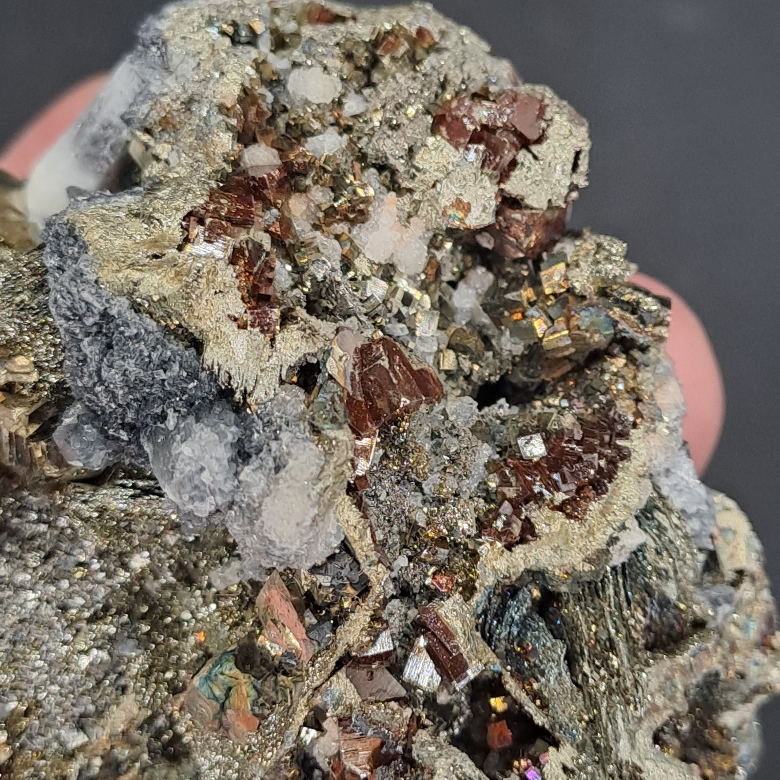 VIDEO Boulangerite Needles, Pyrrhotine Slats, Red Sphalerite & Pyrite, 8x6.5cm
