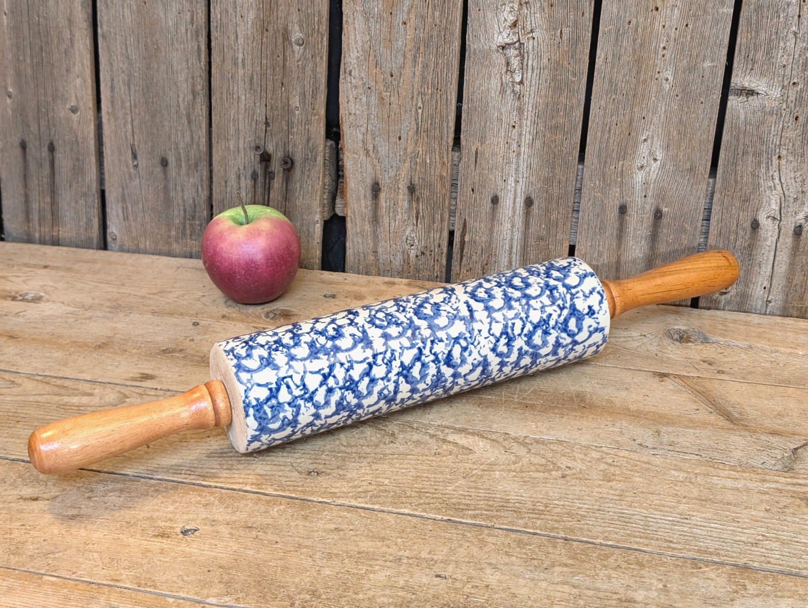 RARE Vintage Stoneware Spongeware Rolling Pin Farmhouse Country Kitchen
