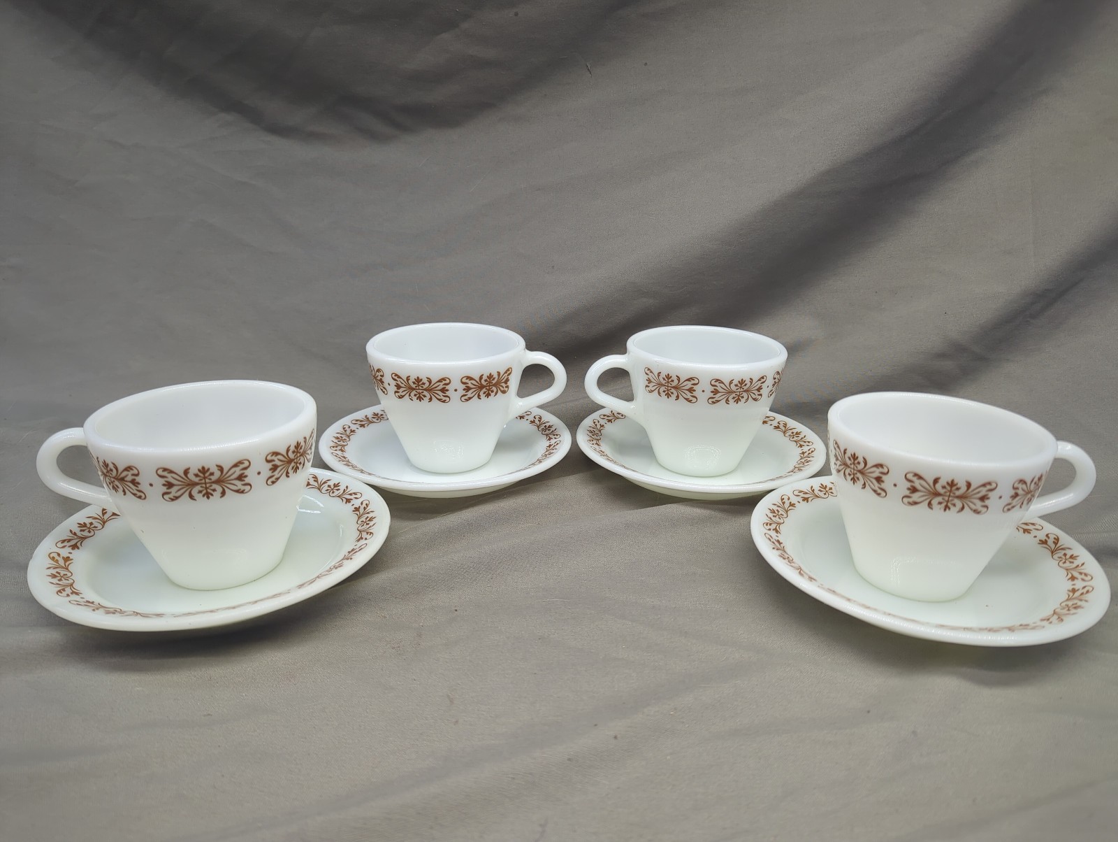4 Vintage Pryex 721 795 Cups and Saucers Copper Filigree Several Sets Available