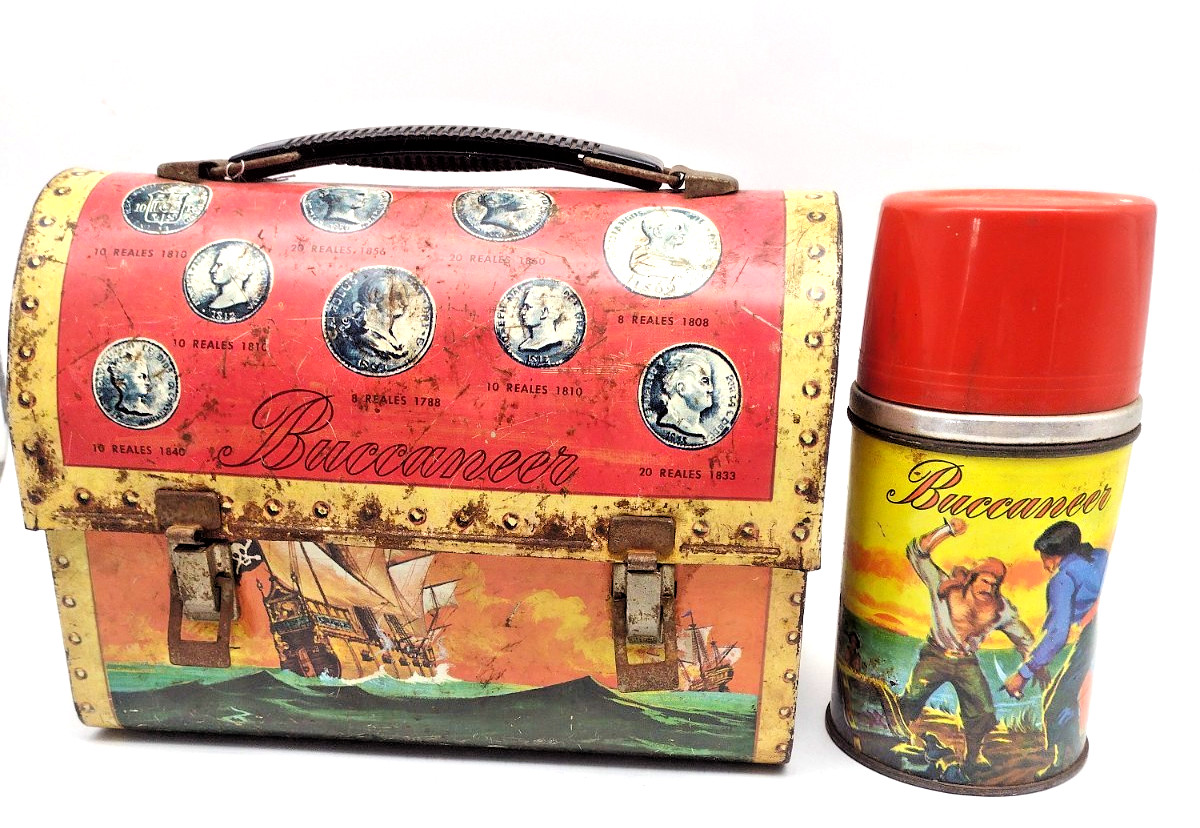 Vintage Metal Aladdin Buccaneer Pirates Dome Lunchbox 1957 with Thermos