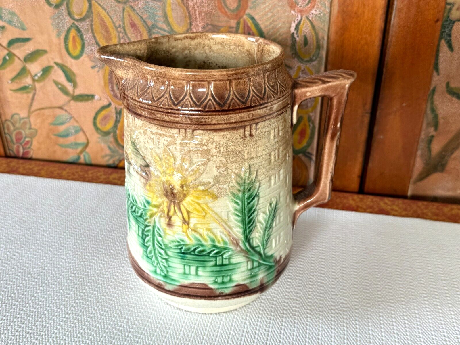Antique Victorian Floral Ceramic Majolica Handled Pitcher