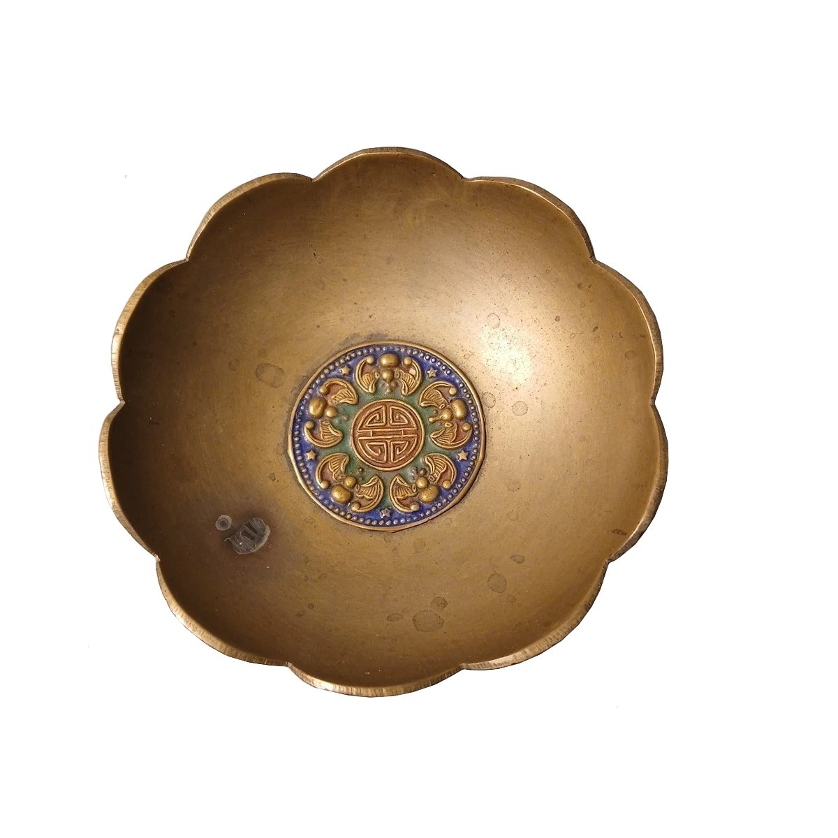 Vintage Chinese Scalloped Brass Bowl Dish Enamel Longevity Medallion Footed 4.5\