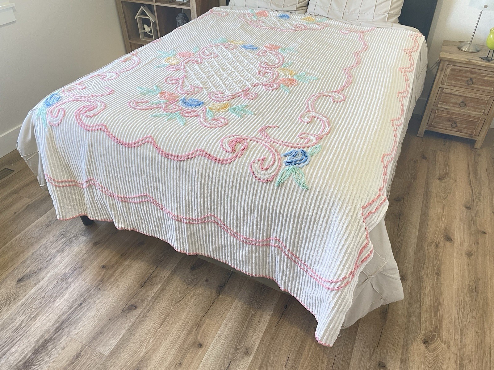 Vintage Chenille Bedspread Pink Floral Scroll Cottage Coverlet Altered As Is