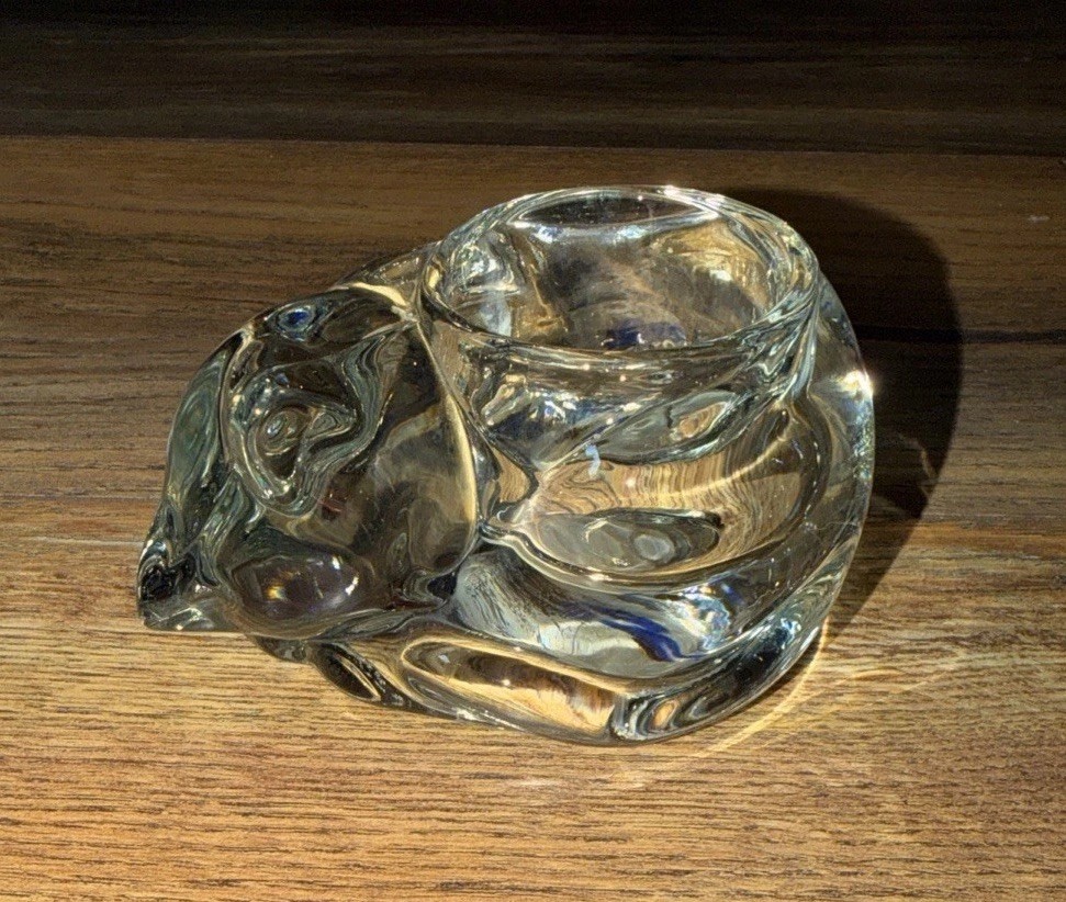 VTG Indiana Glass Sleeping Cat Candle Holder Votive Tea Light Mint Kitten Clear