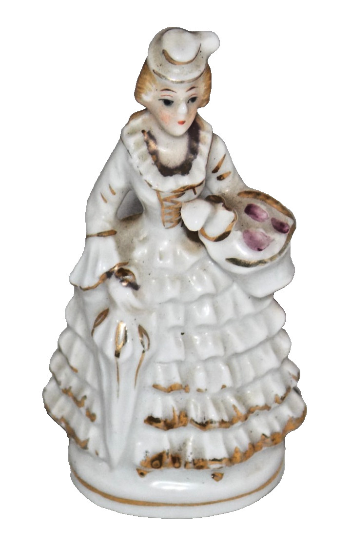 Occupied Japan Porcelain Lady Figurine White Gold 3” Tall Occupied Japan Porcelain Lady Figurine White Gold 3” Tall