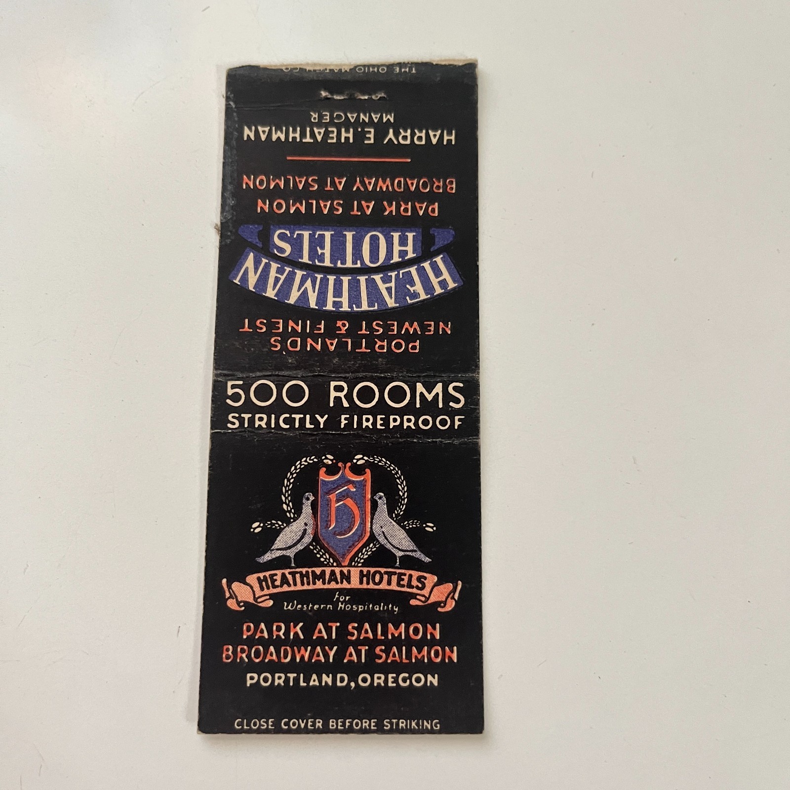 Heathman Hotels 1937 Harry Heathman Portland OR Vintage Matchbook Cover TMB86-3