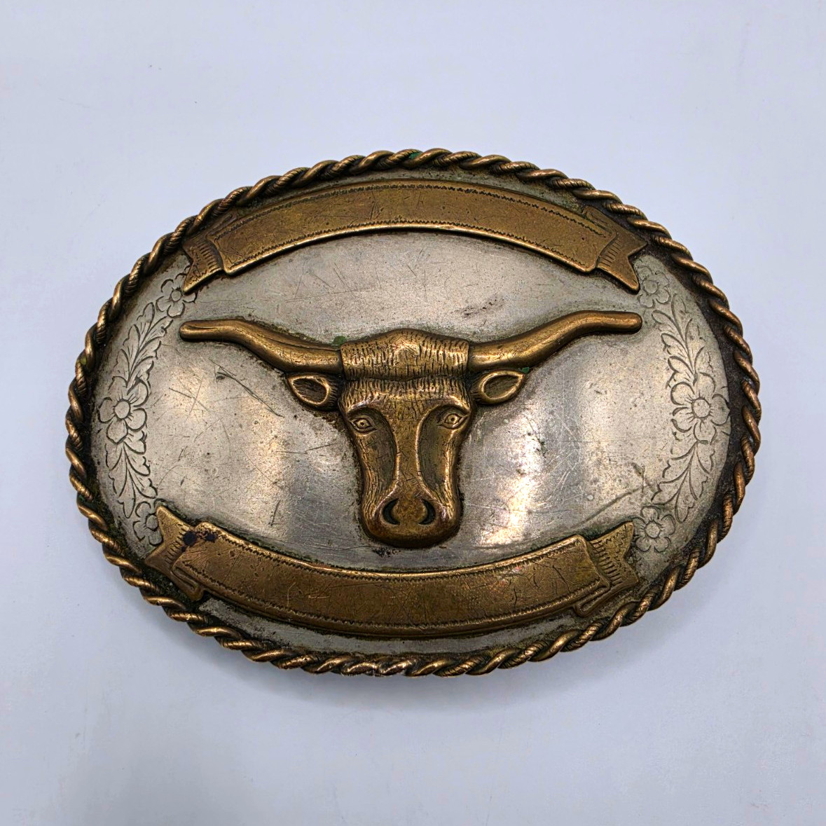 Vintage German Silver Longhorn Steer Western Belt Buckle Blank Engraving Banners