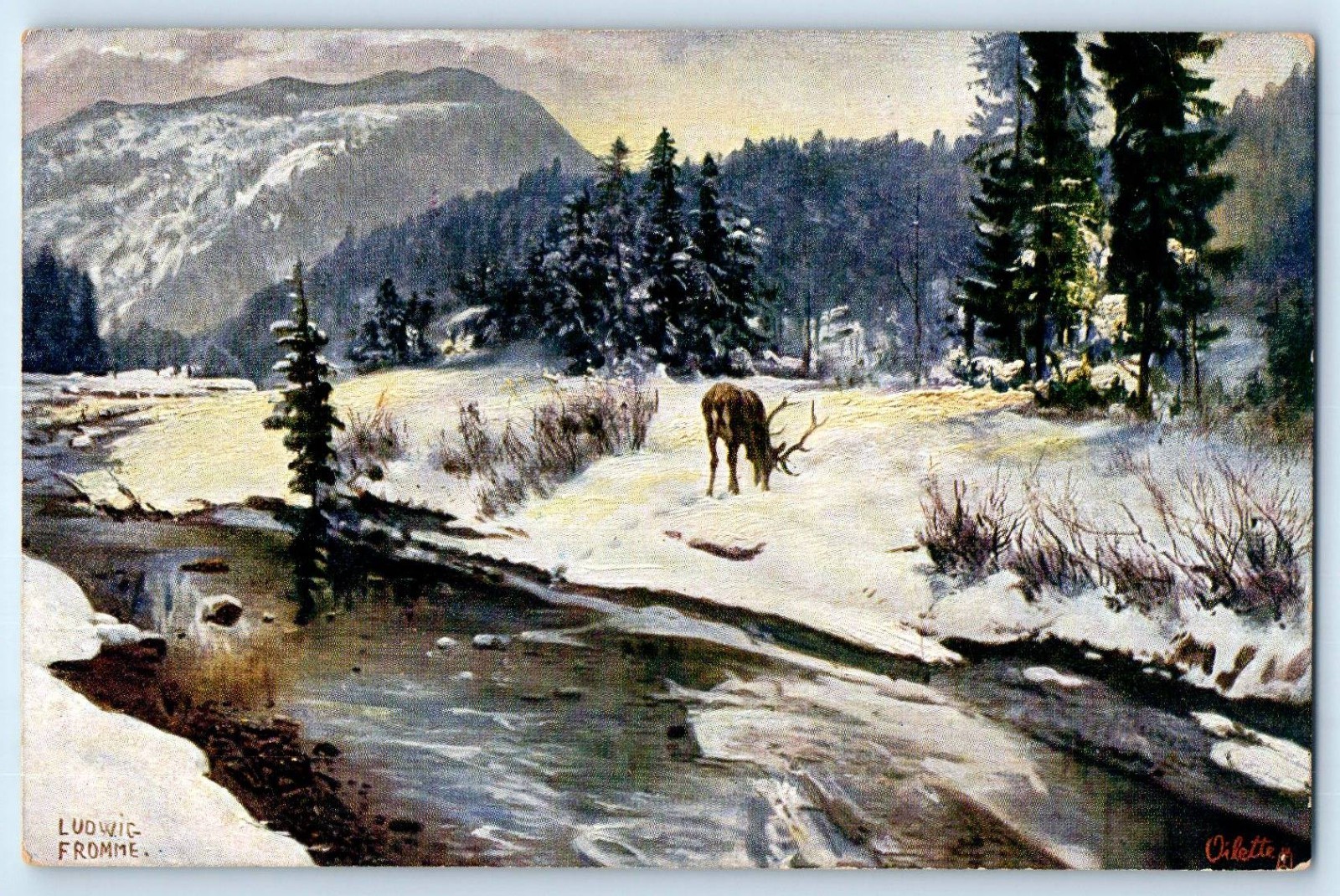 c1910's Deer On Winter Scene Pine Trees Art Oilette Tuck Posted Antique Postcard