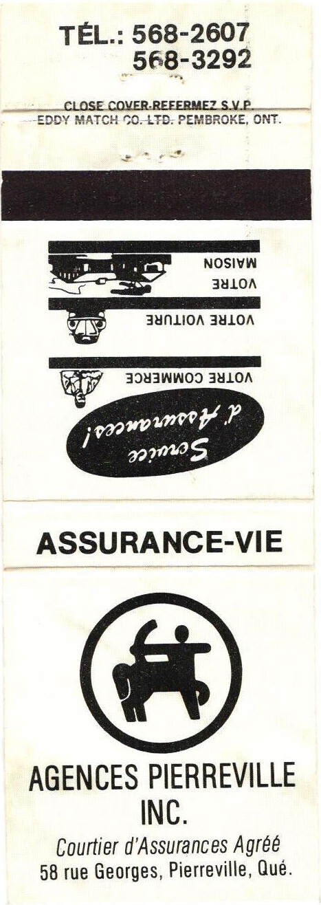 Agences Pierreville Inc. Pierreville Quebec Vintage Matchbook Cover 1960s-70s