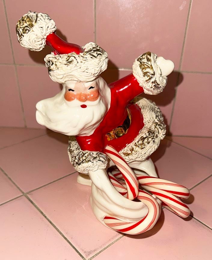 Vntg Ceramic Santa Claus Christmas Johanna of California Spaghetti Gold Candy