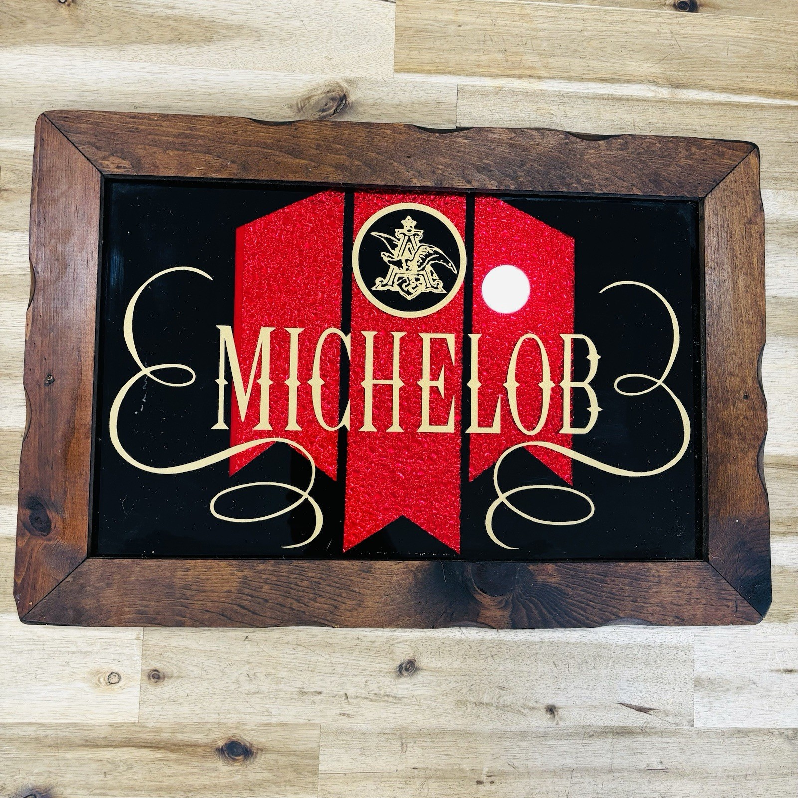 Vintage Michelob Logo Wood Glass Framed Beer Sign Bar Man Cave 19” x 13”