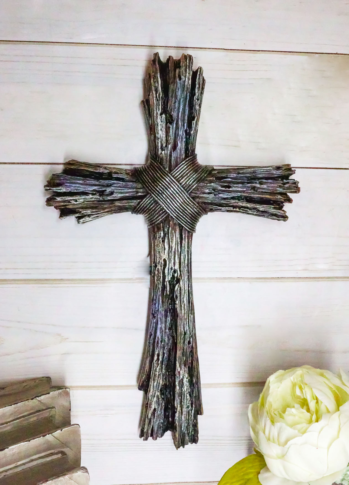 Ebros Rustic Faux Resin Driftwood Finish Crucifix Rugged Wall Cross Decor 13\