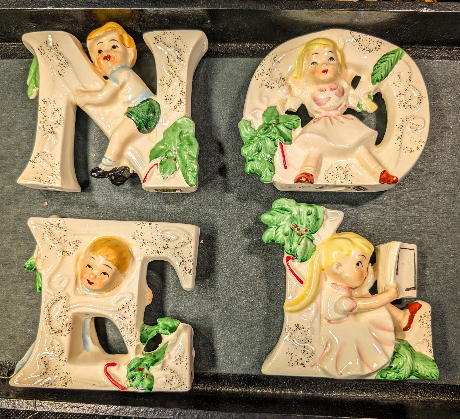Vintage Tilso Japan Ceramic NOEL Christmas Kids Candle Holders