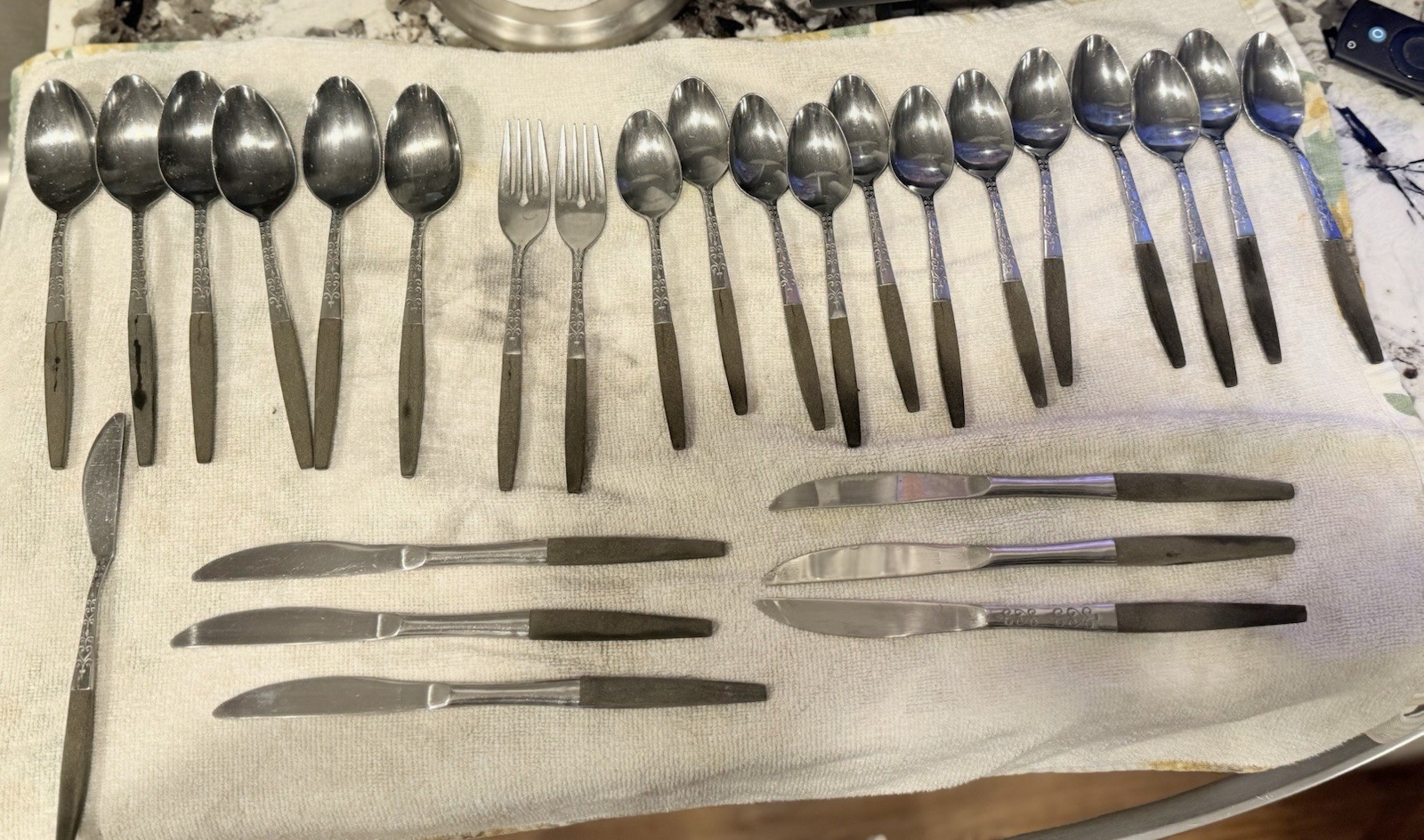 Vintage Interpur Stainless Flatware Woodgrain plastic Handle Japan MCM 27 piece 