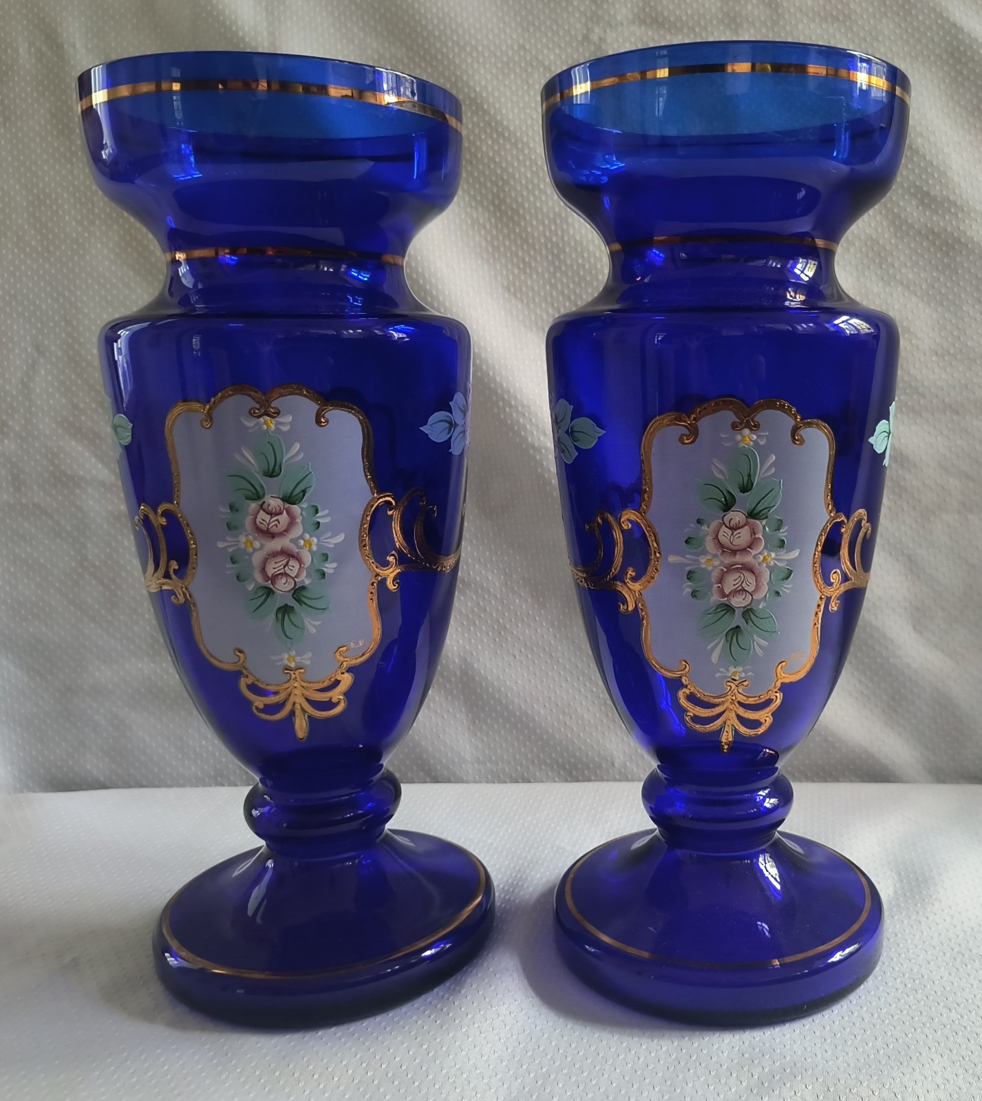 Pair of Hand-Painted Cobalt Glass Vases, 11\