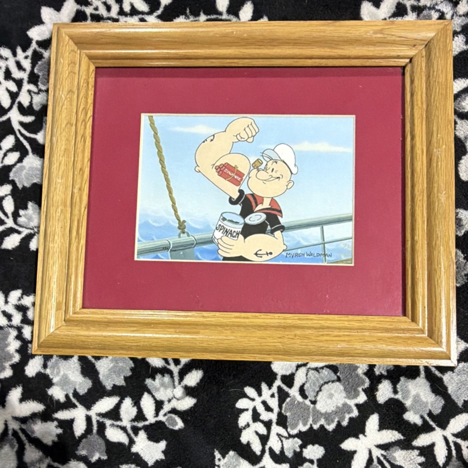 Framed Popeye Production Art by Myron Waldman with Red Mat and Wooden Frame