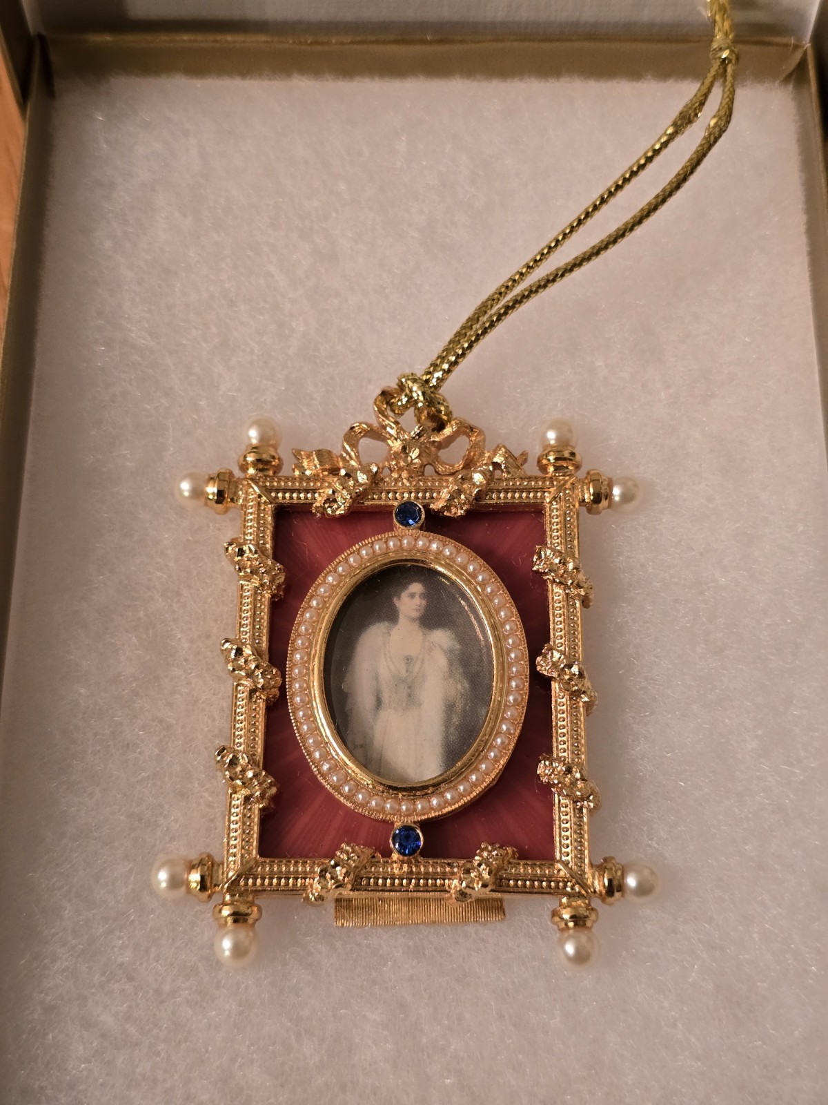 ​Faberge Red Guilloche Enamel Pearl Square Picture Frame Ornament Hillwood Box