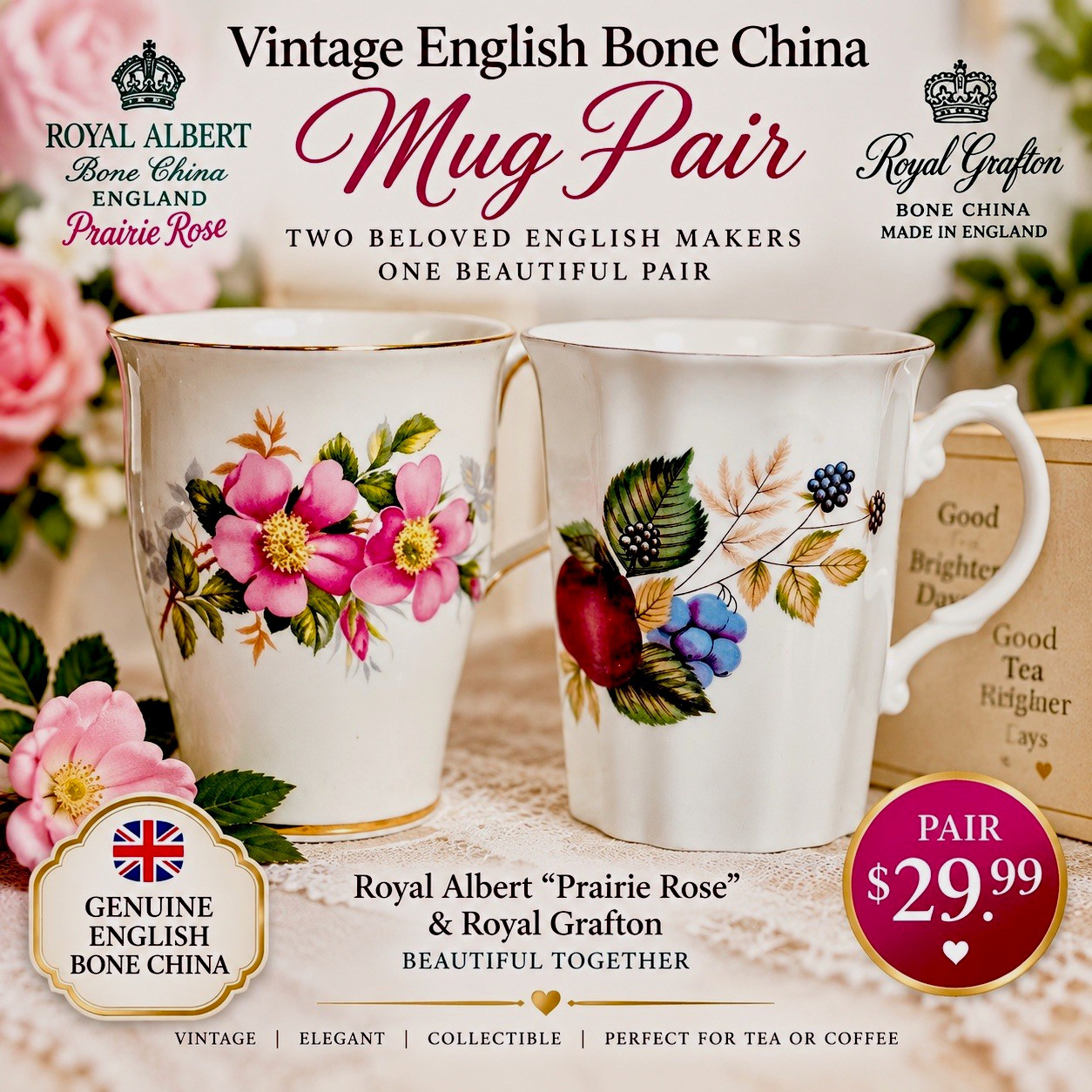 Royal Albert Prairie Rose & Royal Grafton Floral Bone China Mug Pair, 2pc.NEW.
