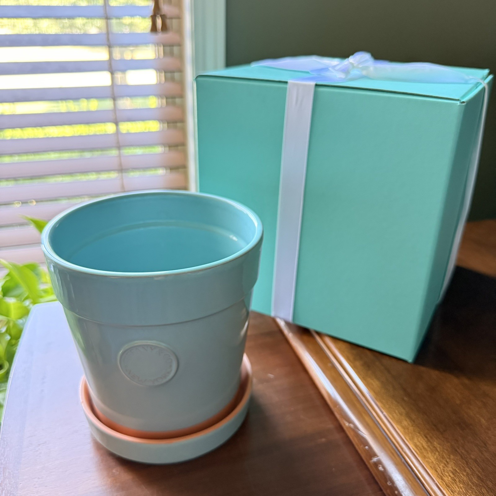 TIFFANY & CO. Glazed Terra Cotta Planter w Saucer Blue Ceramic Flower Pot NEW