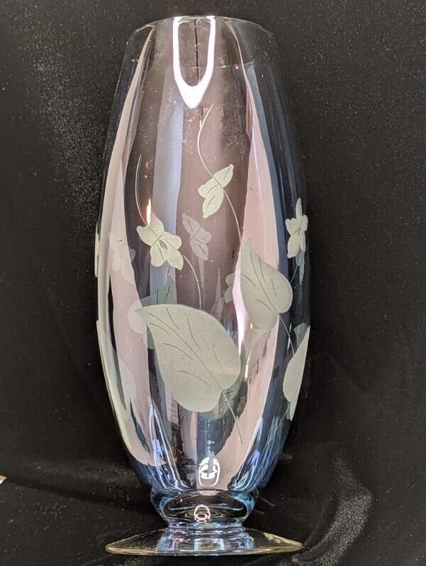 Vintage Tall Purple Floral Etched Glass Vase 11