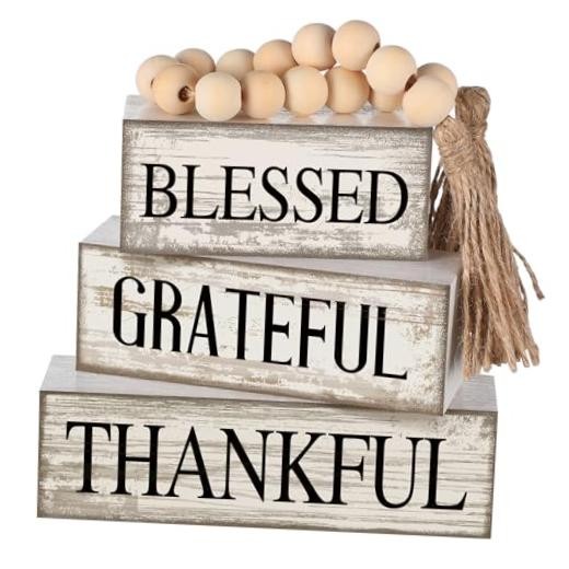 4 Pcs Farmhouse Table Decor - Rustic Stacked Wooden Block Sign