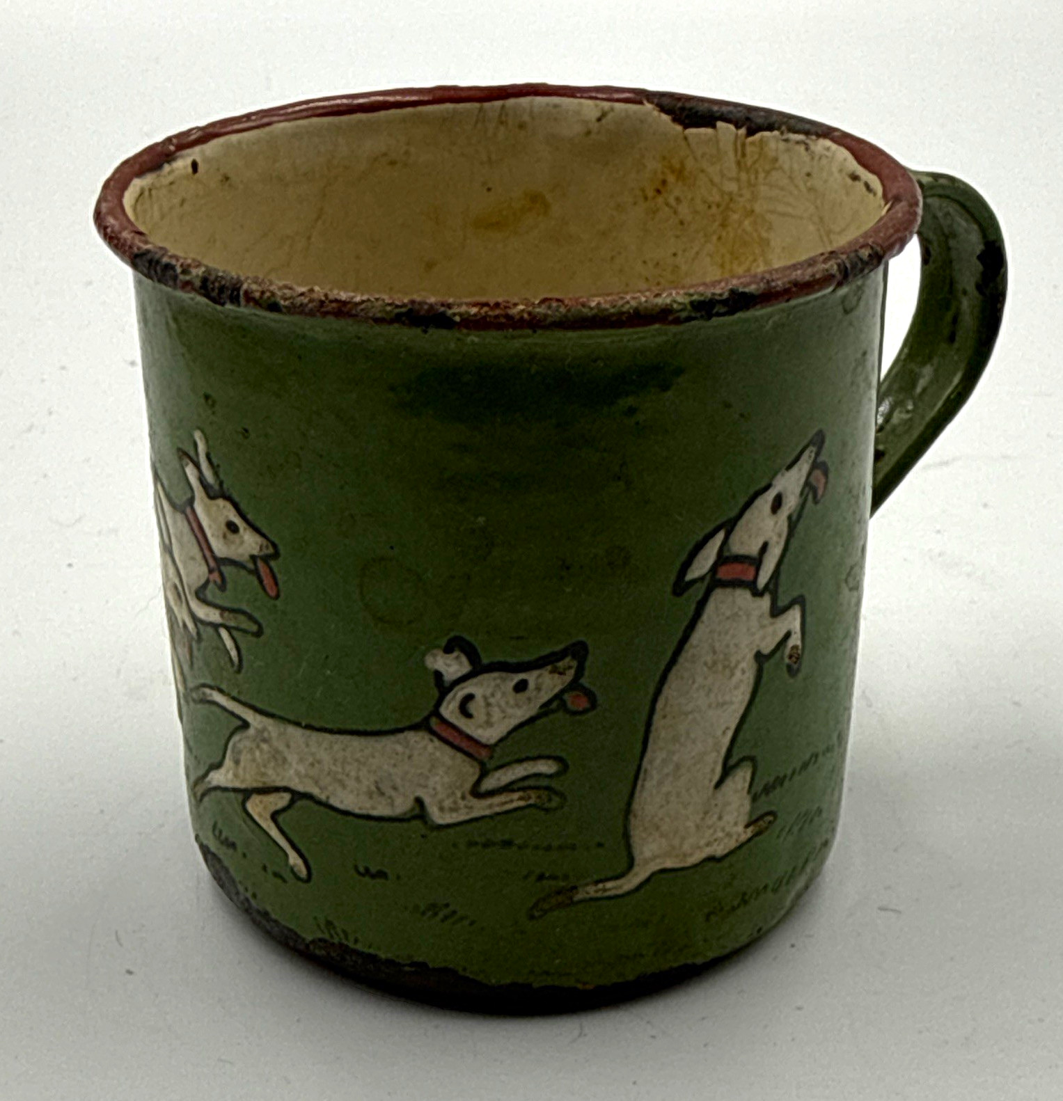 Vintage Green Enamelware Childrens Cup Running Dogs Swedish Nursery Mug 