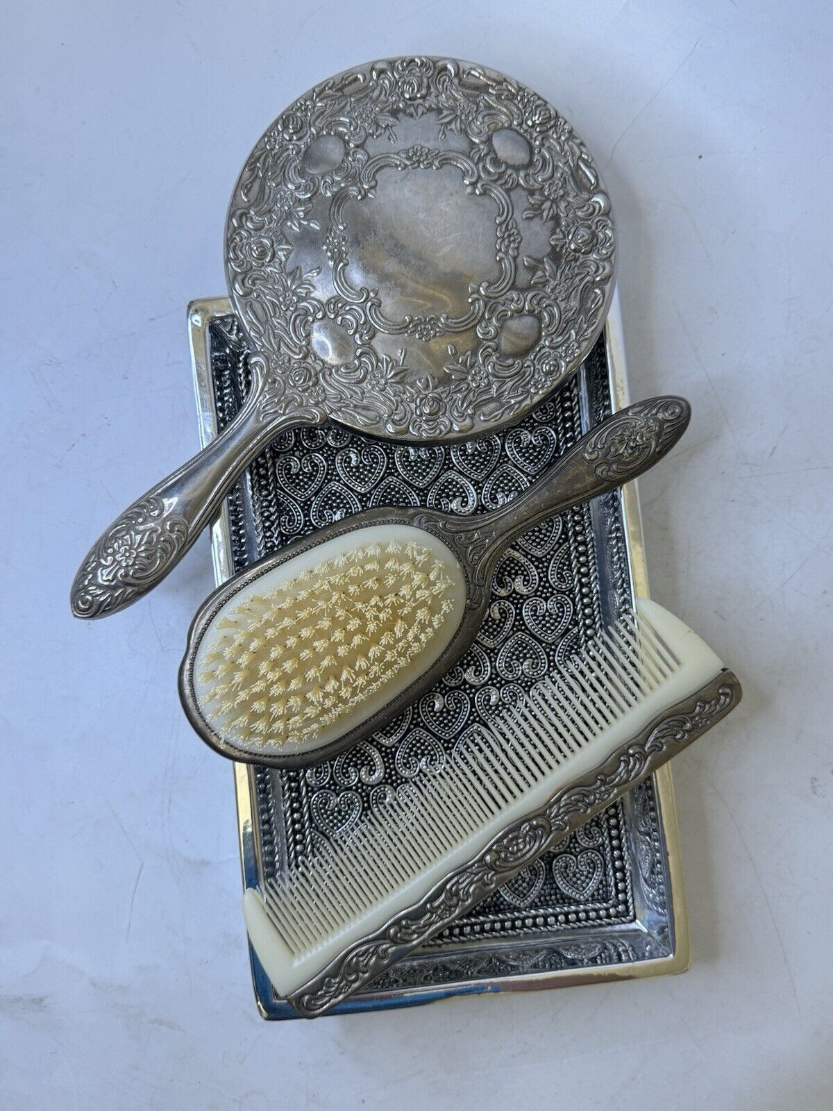 VTG Antique Silver Plated Ornate Vanity Set Mirror, Brush, Comb, Tray