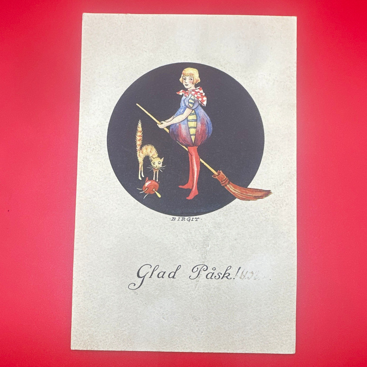 Early 1900’s Vtg  Glad Påsk Cat & Girl Witch Postcard used